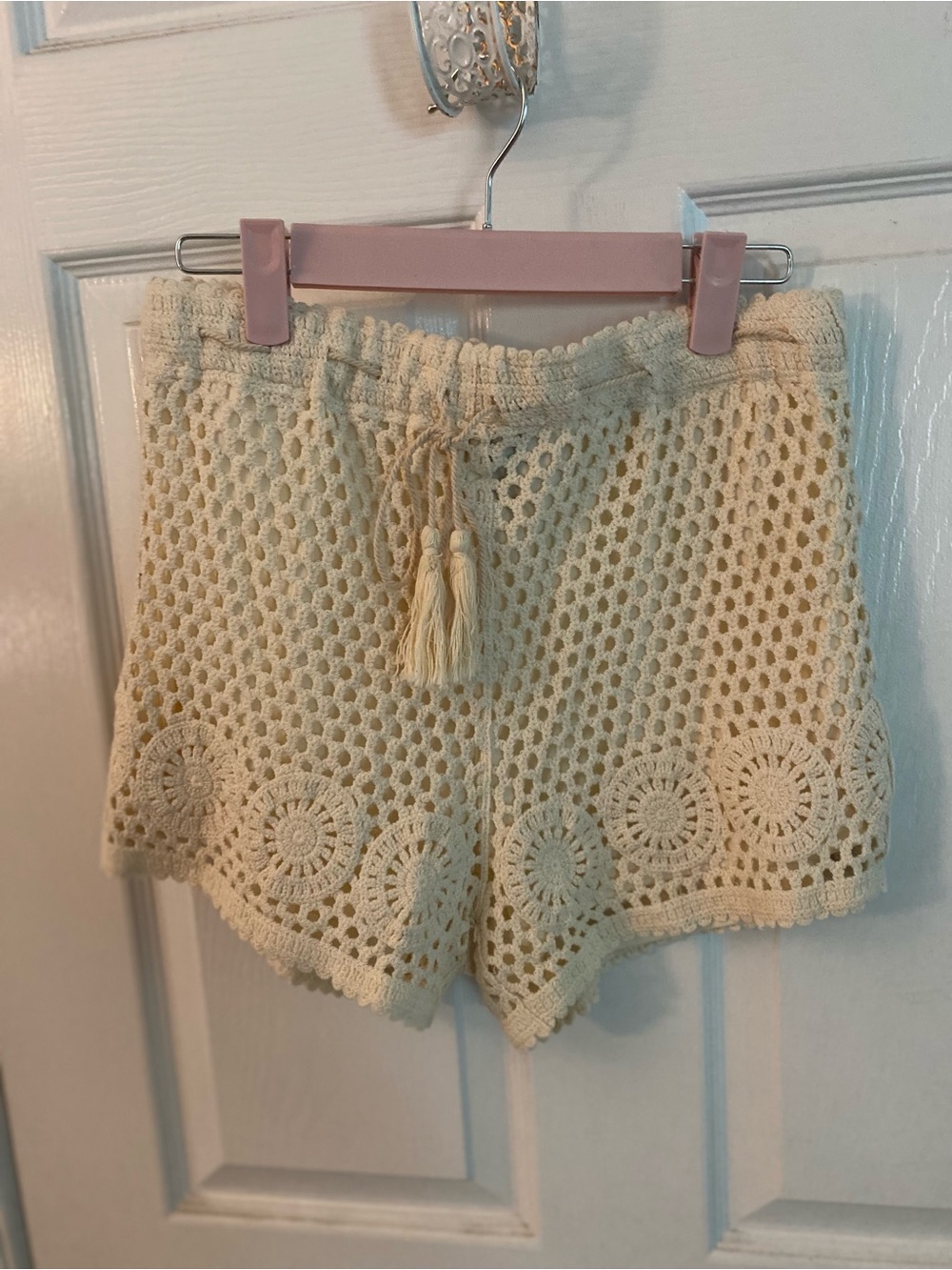 Crochet Tassel Drawstring Women's Shorts - Cream